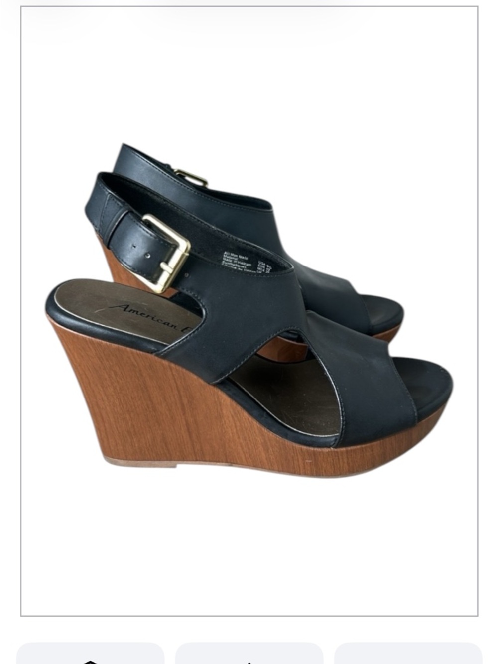 American Eagle Open Toe Faux Wood Wedge Buckle Platform Sandals Black Size 9.5